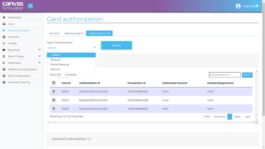 simulator portal card authorizations type select
